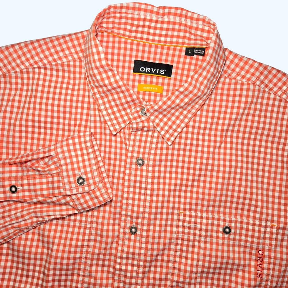 Orvis Active Fit Gingham Button Down Shirt Mens Large L/S Orange White 3HKY